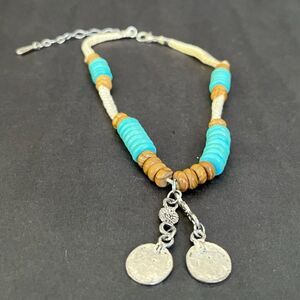 Turquoise Wood Bead Bracelet Cream Cord Silver Charm Adjustable